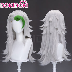 DokiDoki Game Cosplay Wolf Wig Long Curly Silver Hair Green Highlight