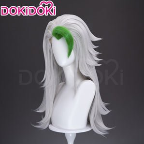 DokiDoki Game Cosplay Wolf Wig Long Curly Silver Hair Green Highlight