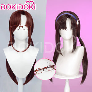 DokiDoki Anime Cosplay Wig Brown Long Hair Wig / Glasses
